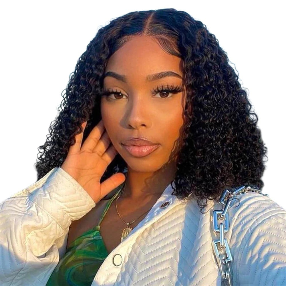 RitzWigs short black deep curly bob human hair wig with transparent lace front worn by a woman outdoors