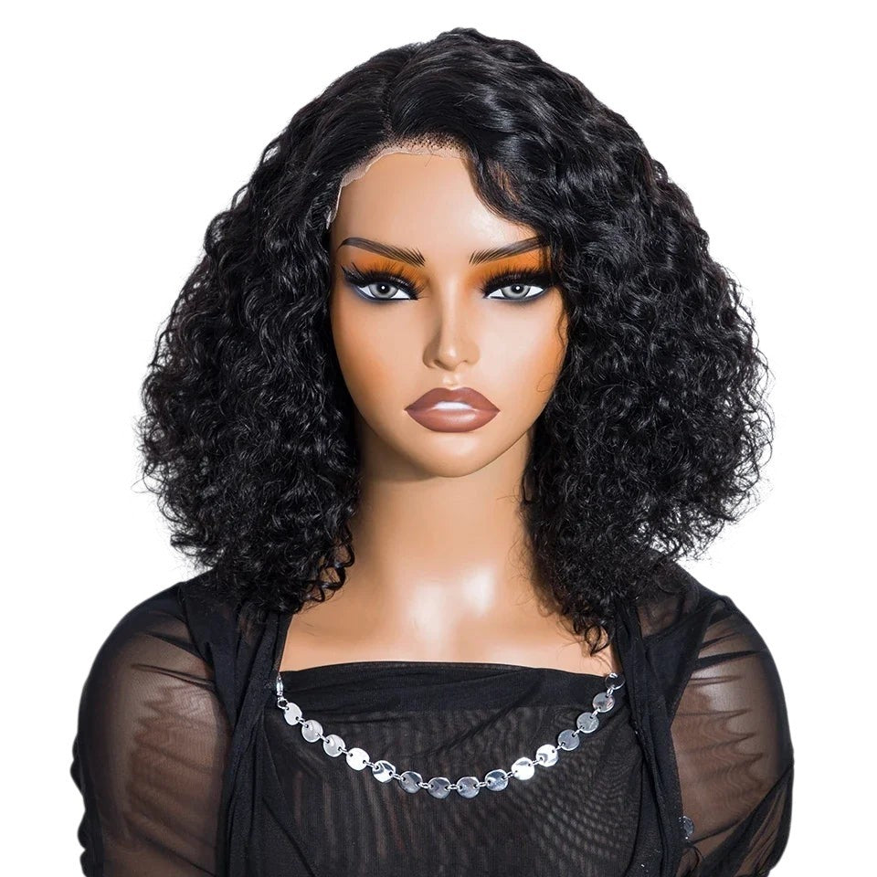 RitzWigs short black curly bob human hair wig with transparent lace front on a mannequin head