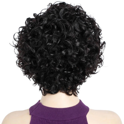 RitzWigs short black curly bob wig made of human hair on a mannequin head, back view