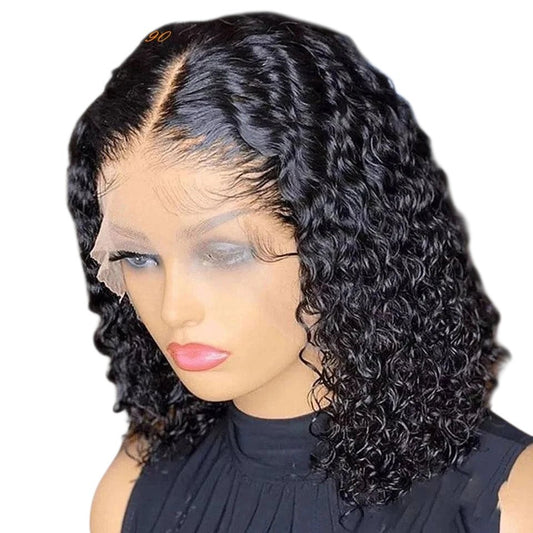 RitzWigs short black deep curly bob wig with 13x1 T-part transparent lace front made from Brazilian Remy human hair