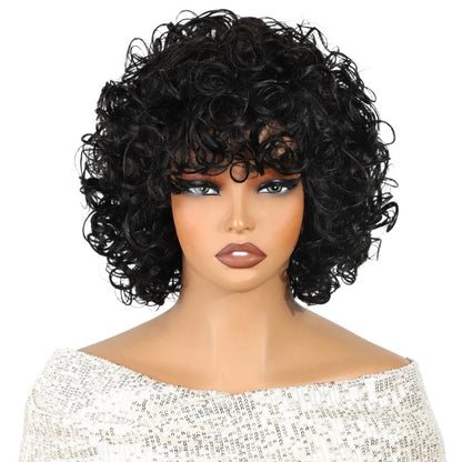 RitzWigs short black curly human hair bob wig with bangs on a mannequin head