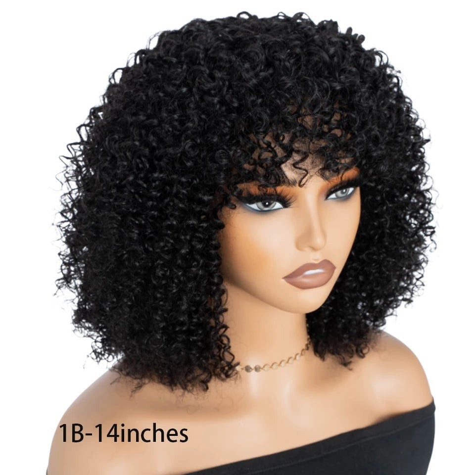 RitzWigs short black kinky curly human hair wig with bangs on a mannequin head