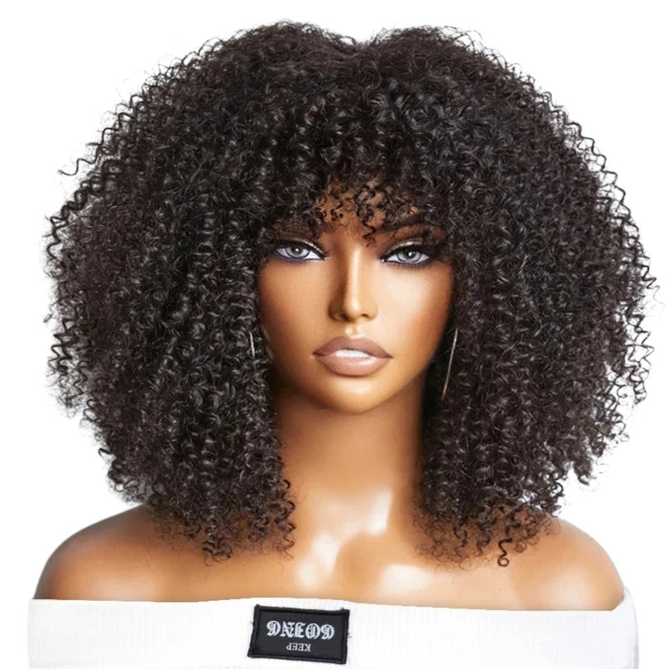 RitzWigs short black afro kinky curly human hair wig with bangs on a mannequin head