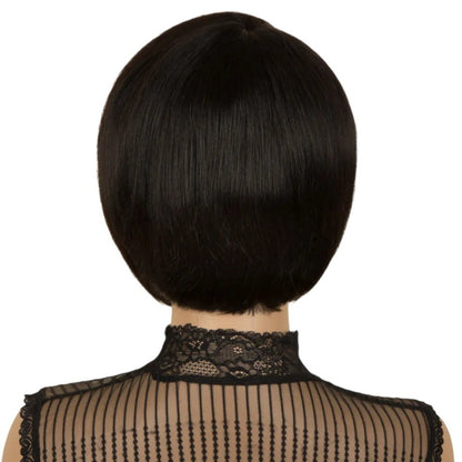 RitzWigs short black straight pixie bob human hair wig viewed from the back on a mannequin