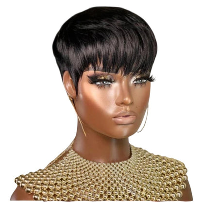 RitzWigs short black pixie cut bob wig with bangs on a mannequin wearing a gold beaded necklace