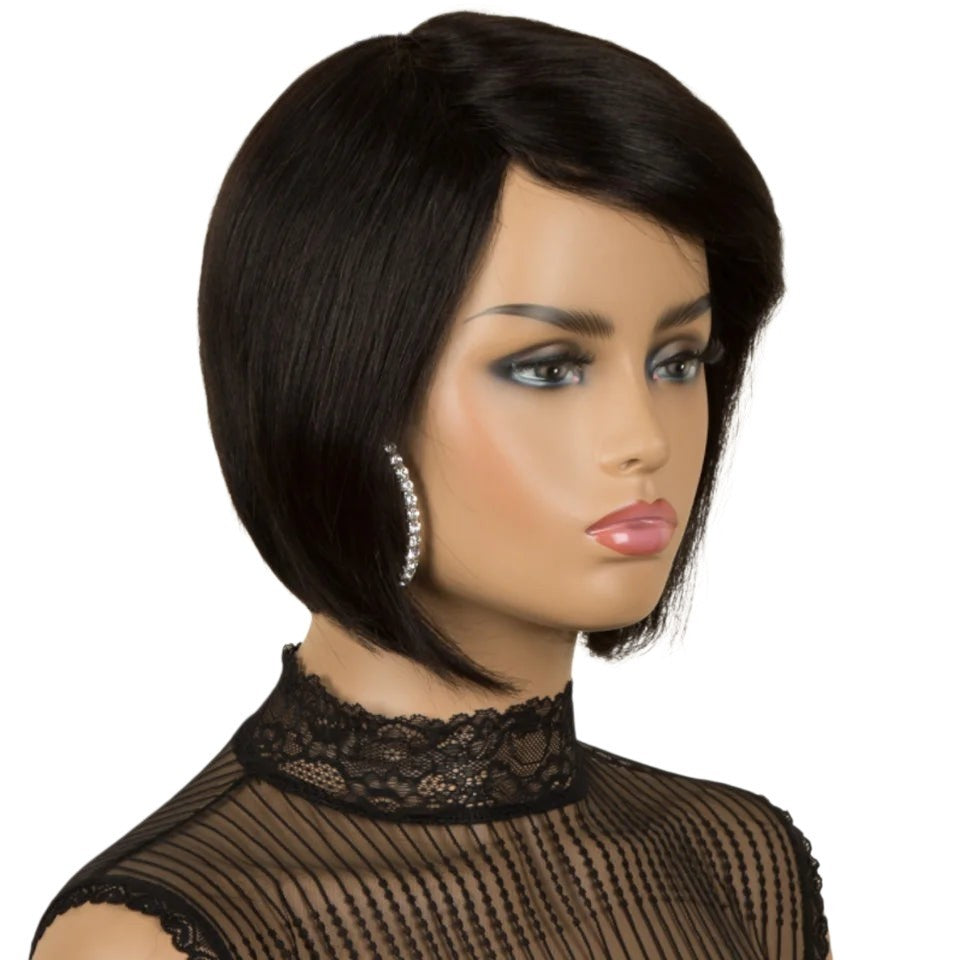 RitzWigs short black straight pixie bob human hair wig on a mannequin with a side part