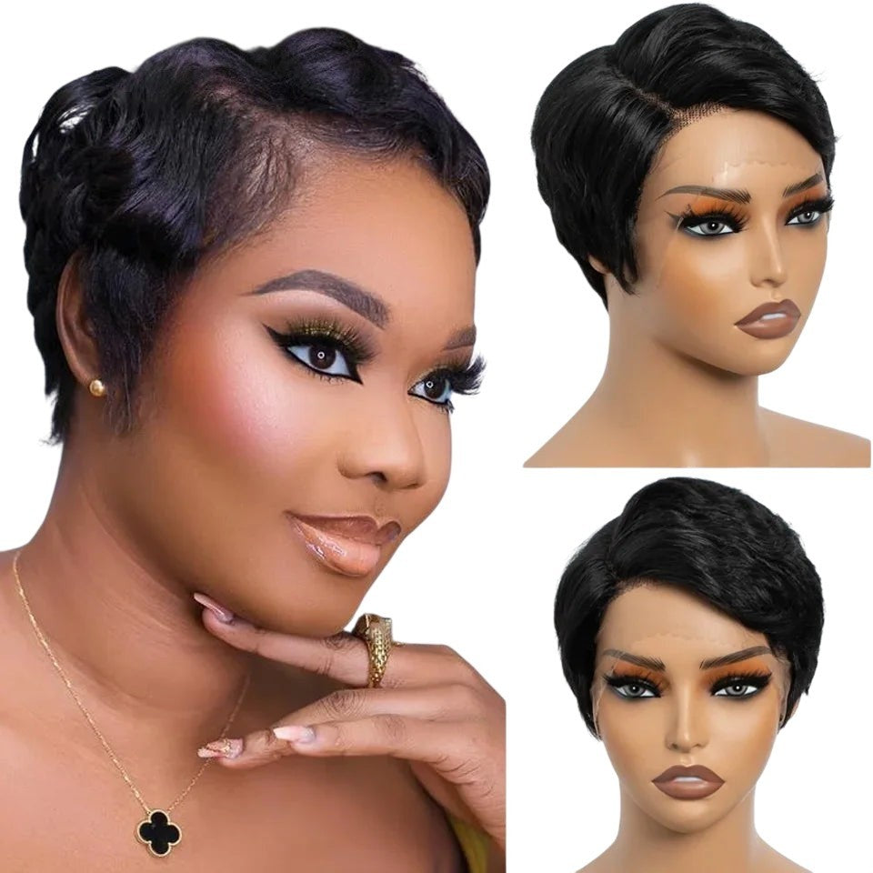 RitzWigs short black pixie cut human hair bob wig with transparent lace front on a mannequin and model