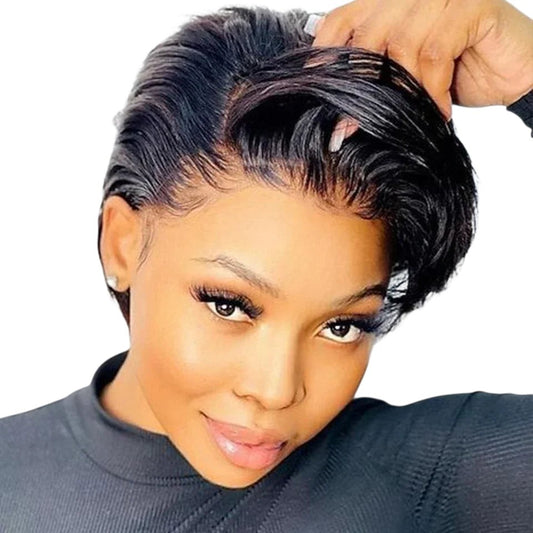 RitzWigs short black pixie bob human hair wig with T-part lace front on a model