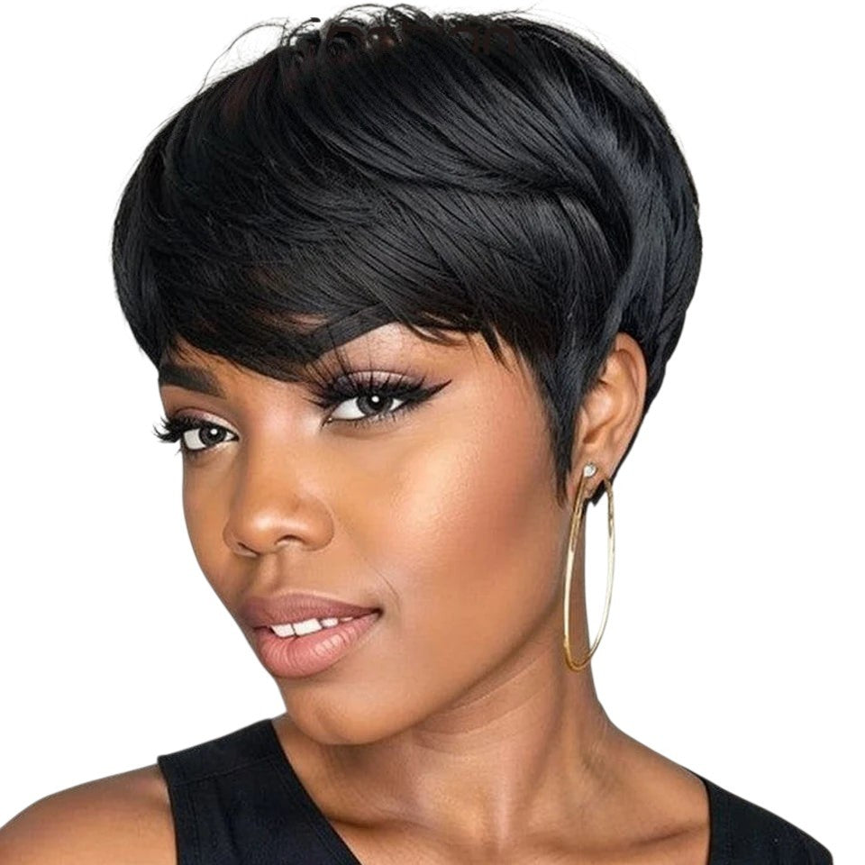 RitzWigs short black straight pixie cut human hair wig with bangs on a model with gold hoop earrings