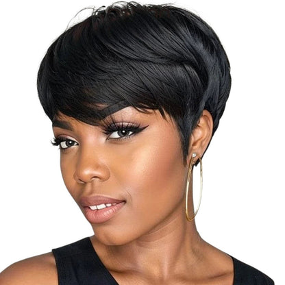 RitzWigs short black straight pixie cut human hair wig with bangs on a model with gold hoop earrings
