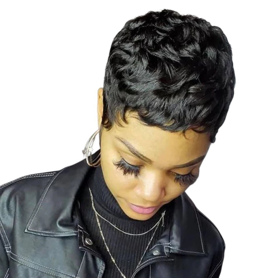 RitzWigs short black Brazilian Remy human hair pixie cut wig with textured layers on a model wearing a leather jacket.