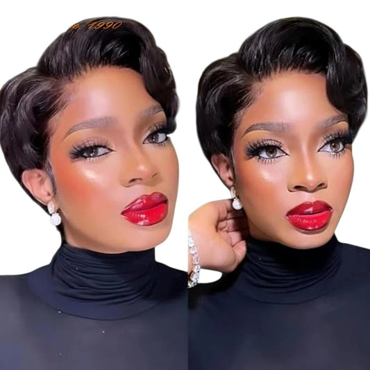 RitzWigs short black pixie cut straight human hair wig with side part and Swiss lace on a model with bold makeup