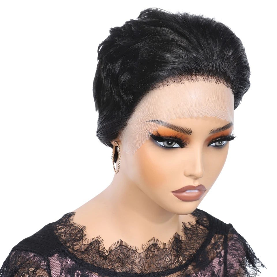 RitzWigs short black straight pixie cut lace front human hair wig on a mannequin head
