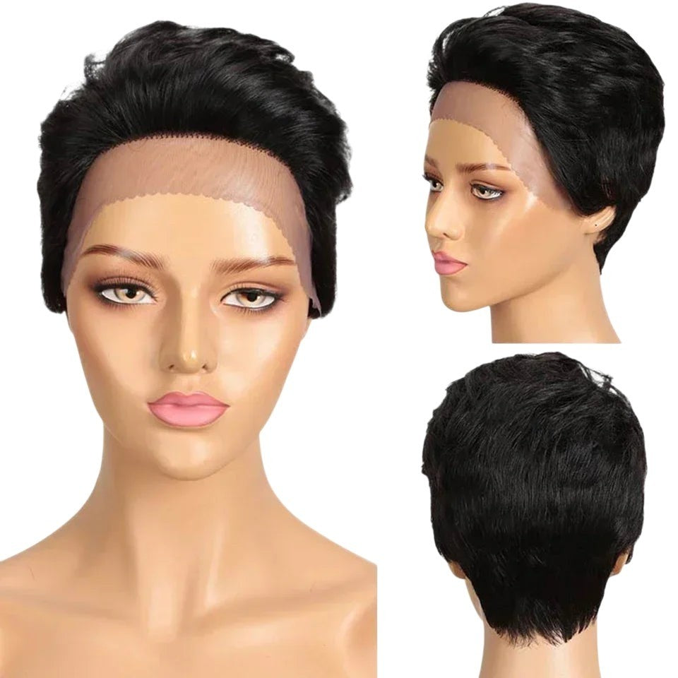 RitzWigs short black human hair pixie cut lace front wig shown from front, side, and back angles on a mannequin head.