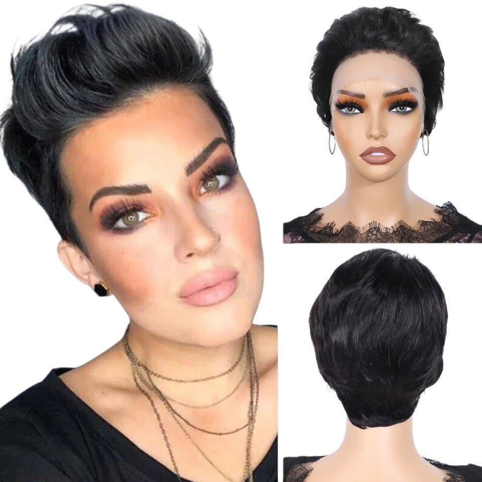 RitzWigs short black pixie cut human hair lace front wig worn by a model with a stylish layered straight hairstyle