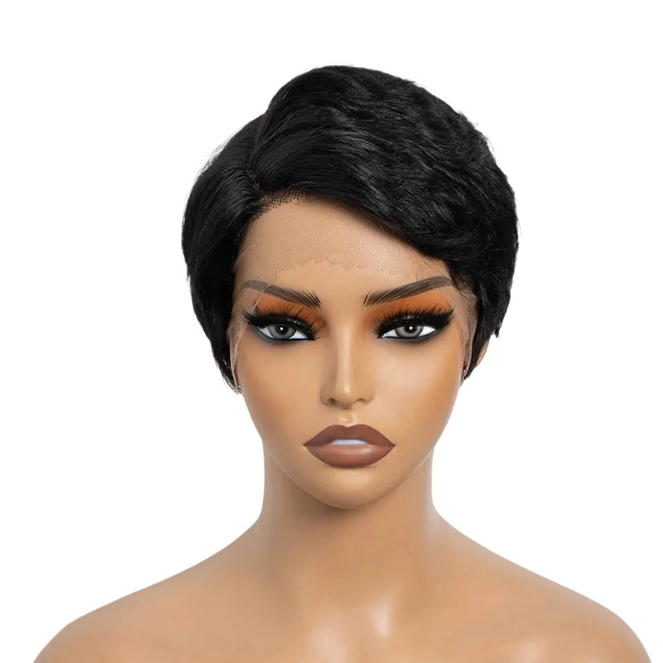 RitzWigs short black pixie cut human hair wig with transparent lace front on a mannequin head.