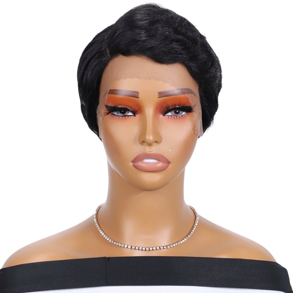 RitzWigs short black pixie cut Brazilian human hair lace wig with a natural straight texture on a mannequin head