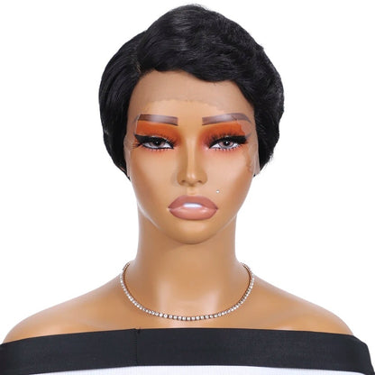 RitzWigs short black pixie cut Brazilian human hair lace wig with a natural straight texture on a mannequin head
