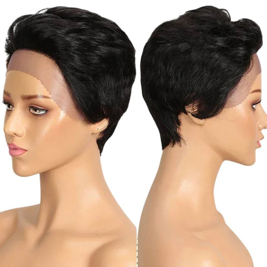 RitzWigs short black straight human hair pixie cut lace front wig on a mannequin head, side profile view.