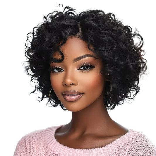 RitzWigs short black pixie cut human hair wig with wavy texture worn by a woman with a natural makeup look.