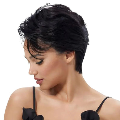 RitzWigs short black pixie cut human hair wig with a natural straight texture and transparent lace front on a model