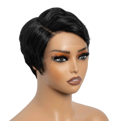 RitzWigs short black straight pixie cut human hair wig with transparent lace front on a mannequin head