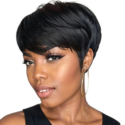 RitzWigs short black pixie cut human hair wig with bangs on a model wearing gold hoop earrings