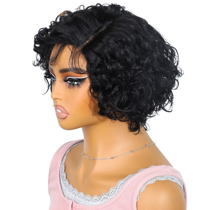 RitzWigs short black pixie cut human hair wig with wavy texture on a mannequin head
