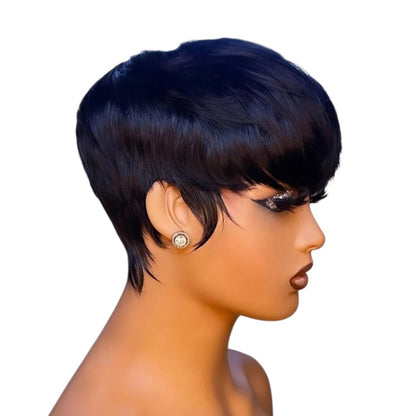 RitzWigs short black straight pixie cut human hair wig with bangs on a mannequin head
