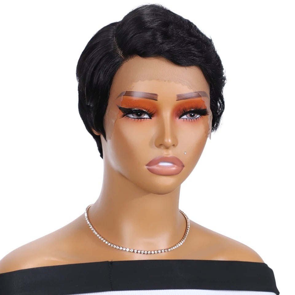 RitzWigs short black straight pixie cut human hair wig with transparent lace front on a mannequin head