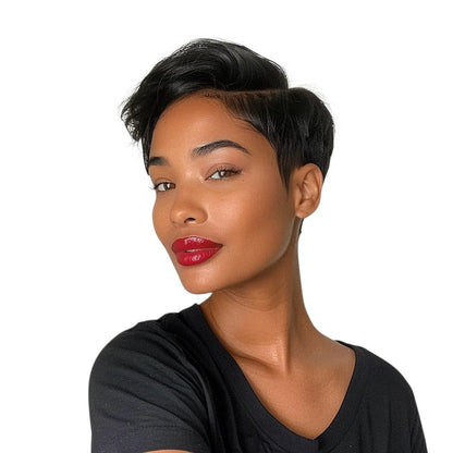 RitzWigs short straight black pixie cut human hair wig with transparent lace front on a woman with red lipstick