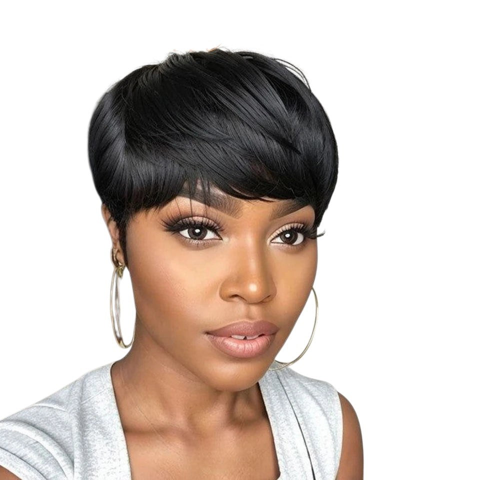 RitzWigs short black pixie cut human hair wig with bangs on a woman wearing large gold hoop earrings