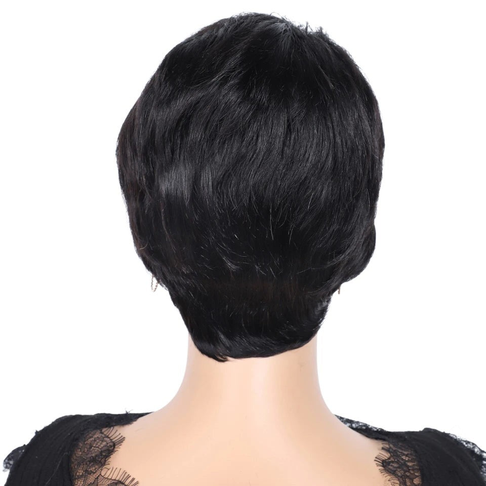 Back view of a RitzWigs short black straight pixie cut human hair wig on a mannequin
