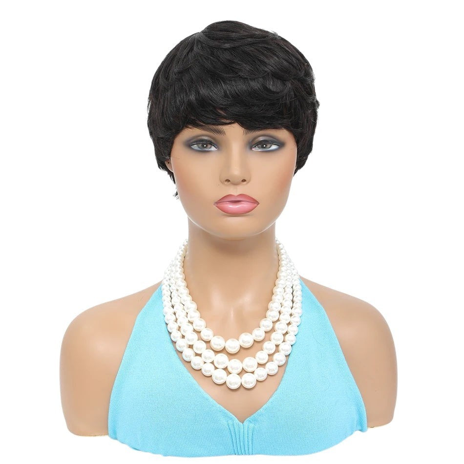 RitzWigs short black pixie cut human hair wig on a mannequin wearing a multi-strand pearl necklace