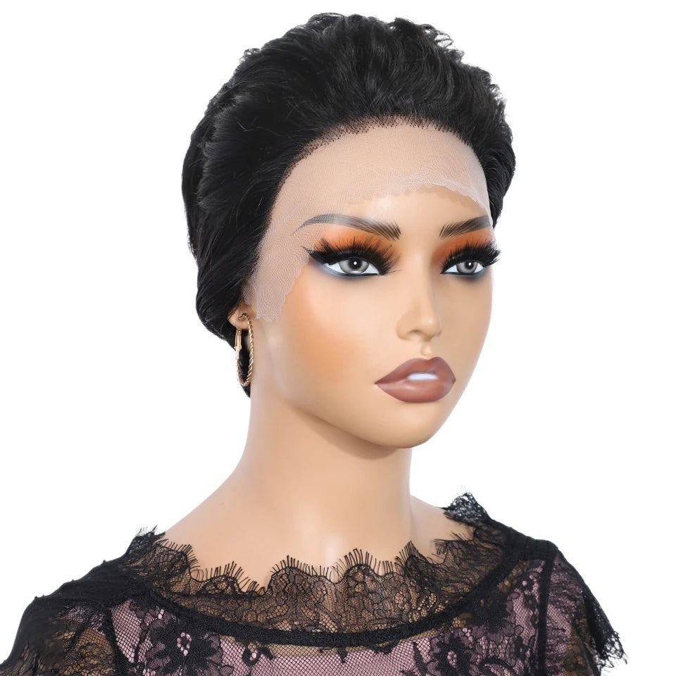 RitzWigs short black pixie cut straight human hair lace front wig on a mannequin head