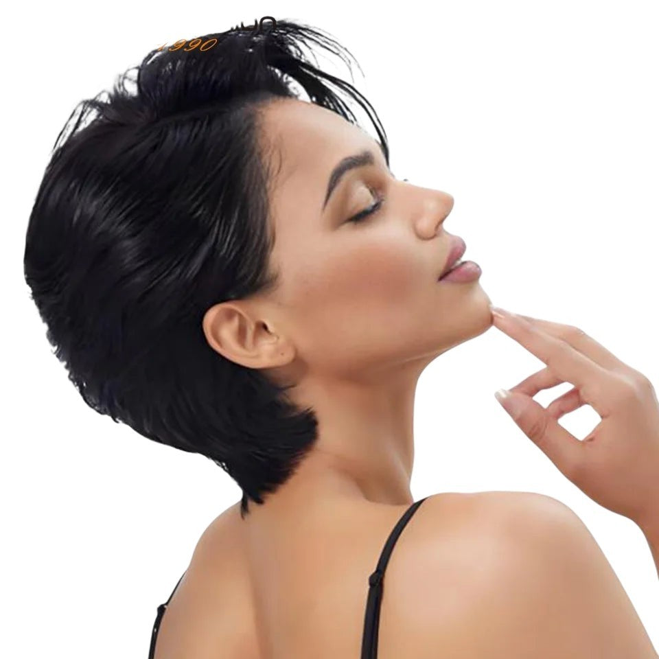 RitzWigs short black straight pixie cut human hair wig on a model with a natural side profile view