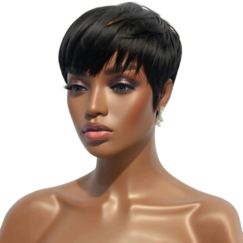 RitzWigs short black straight pixie cut human hair wig with bangs on a mannequin head