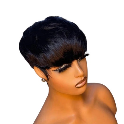 RitzWigs short black straight pixie cut human hair wig with bangs on a mannequin head