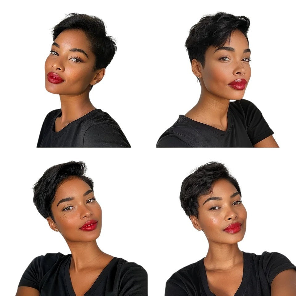 RitzWigs short black pixie cut human hair wig on a model with red lipstick, featuring a natural straight texture.