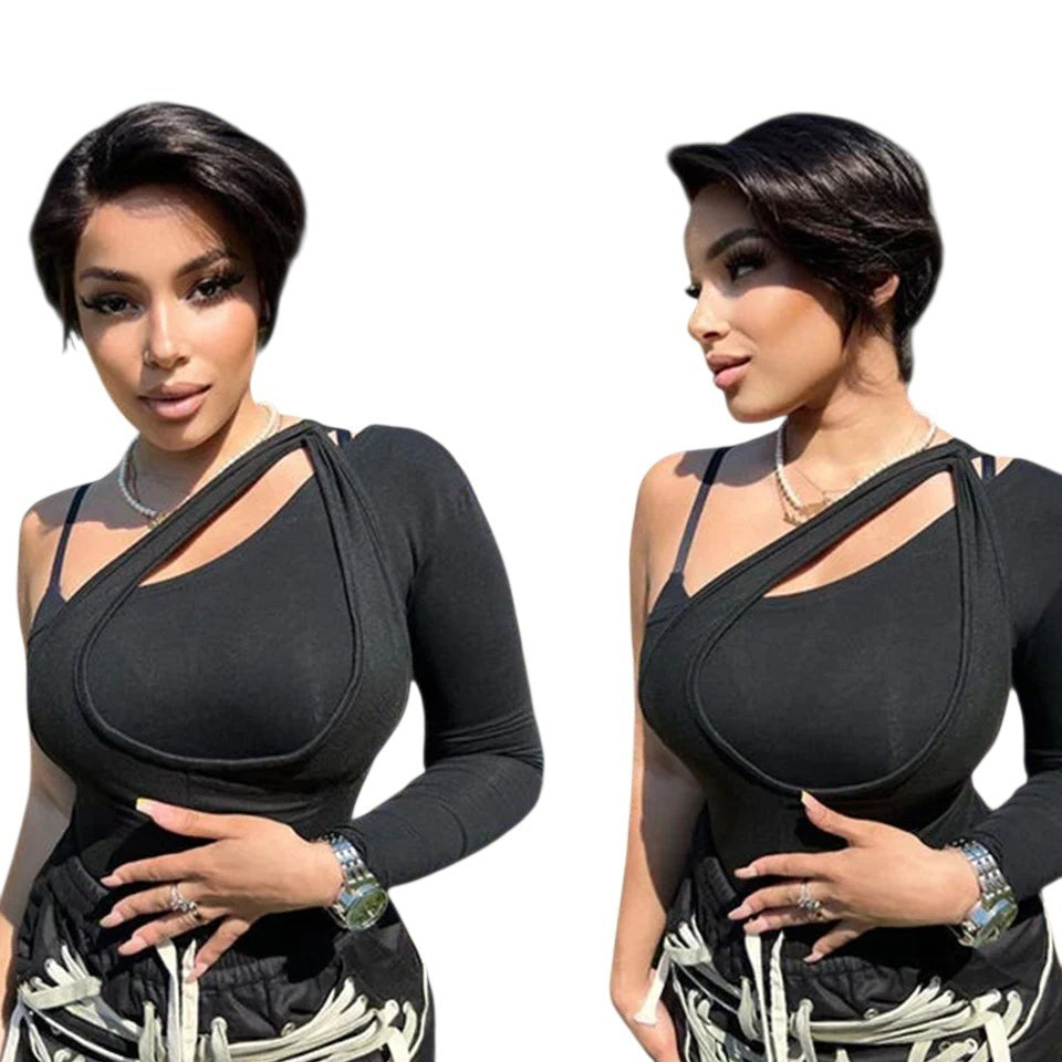 RitzWigs short black pixie cut human hair wig with transparent lace front worn by a woman in an outdoor setting