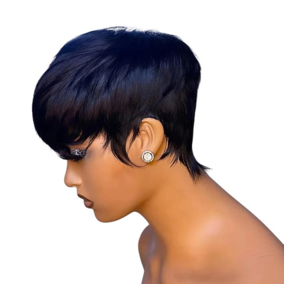 RitzWigs short black straight pixie cut human hair wig with bangs on a mannequin head