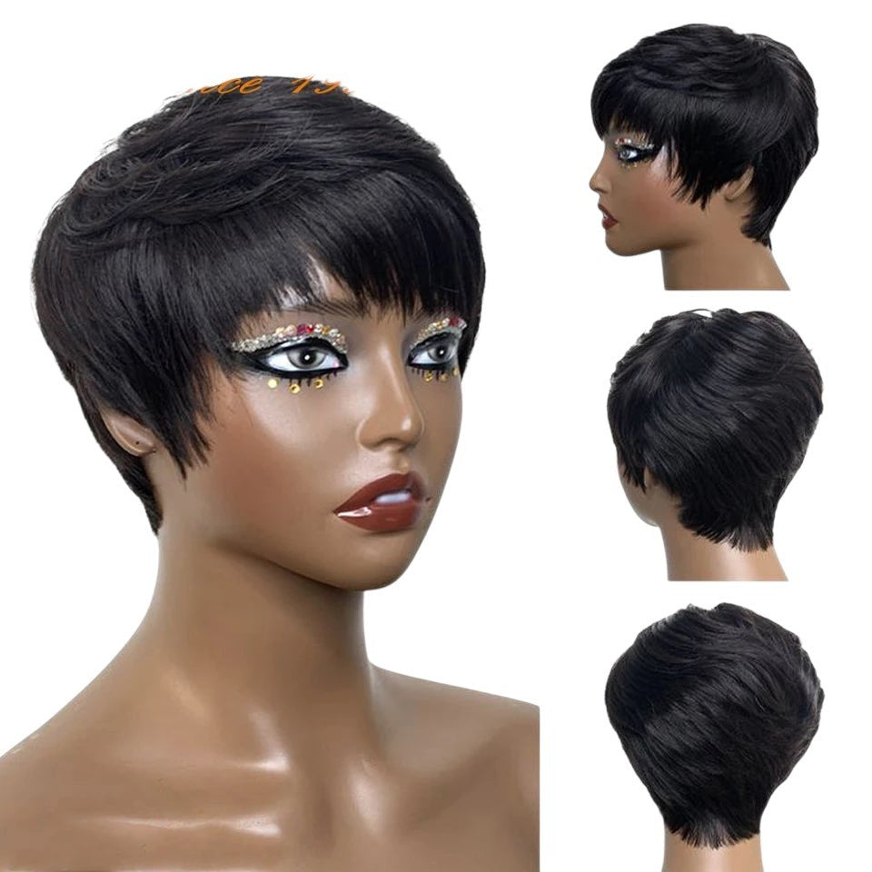 RitzWigs short black straight pixie cut human hair wig with bangs on a mannequin head, multi-angle view