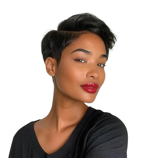 RitzWigs short black straight pixie cut human hair wig with transparent lace front worn by a model