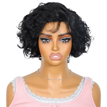 RitzWigs short black pixie cut Brazilian human hair wig with body wave texture on a mannequin head