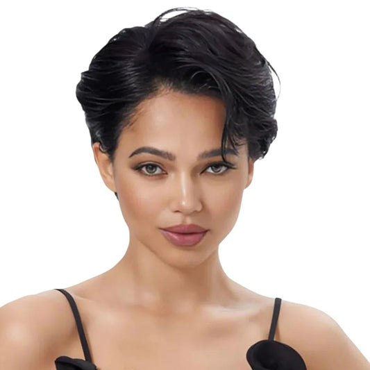 RitzWigs short black pixie cut human hair wig with a natural straight texture and transparent lace front