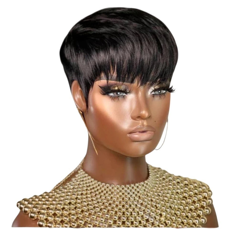 RitzWigs short black pixie cut human hair bob wig with bangs on a mannequin wearing a gold beaded necklace