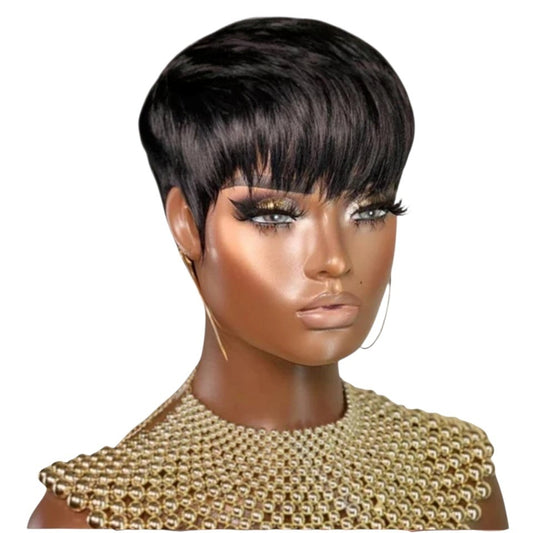 RitzWigs short black pixie cut human hair bob wig with bangs on a mannequin wearing a gold beaded necklace