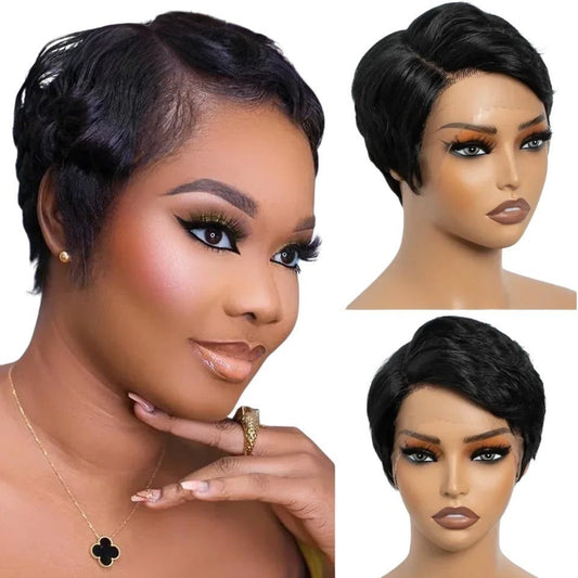 RitzWigs short black pixie cut human hair wig with transparent lace front on a mannequin and a model