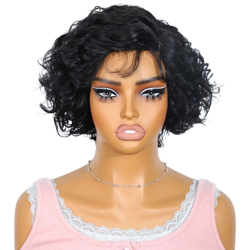 RitzWigs short black pixie cut Brazilian human hair wig with body wave texture on a mannequin