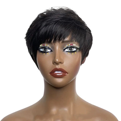 RitzWigs short black pixie cut human hair wig with bangs on a mannequin head